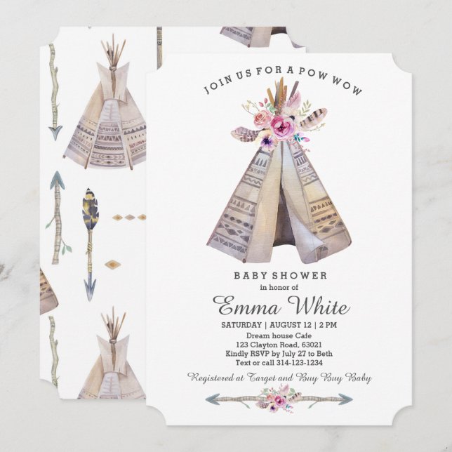 Boho Tribal Teepee Floral Baby Shower Invitation (Front/Back)