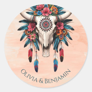 Boho Tribal Watercolor Floral Cow Skull Wedding Classic Round Sticker