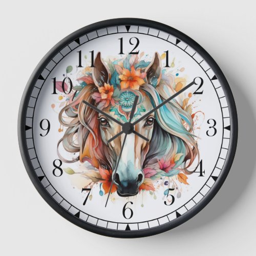 Boho Tribal Watercolor Horse Stylish Chic Clock