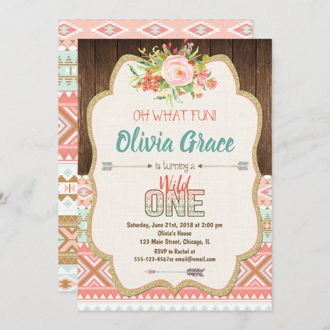 Boho tribal wild one girl 1st birthday invitations (Front/Back)