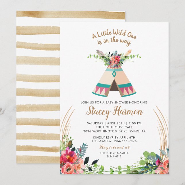 Boho Tribal Wild One Rustic Floral Baby Shower Invitation (Front/Back)