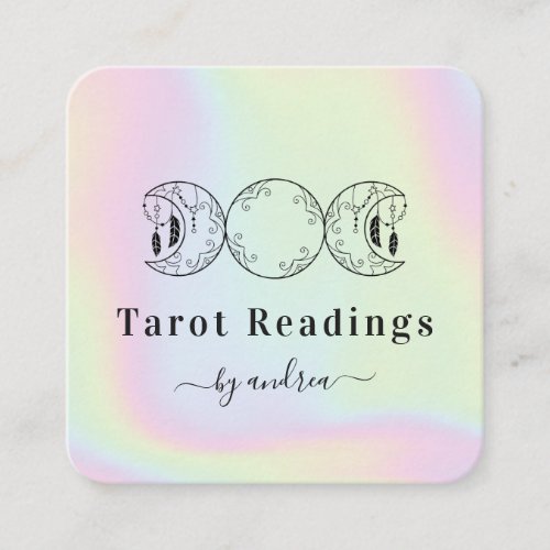 Boho Triple Moon Feather Holographic Energy Healer Square Business Card