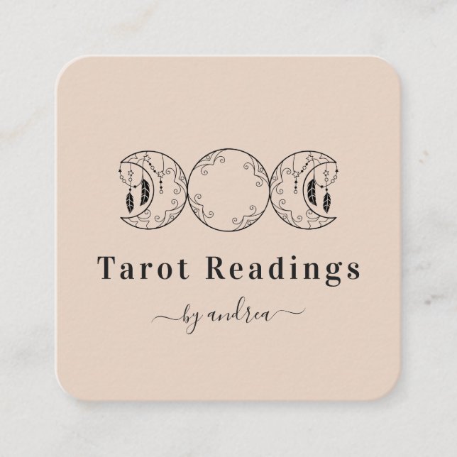 Boho Triple Moon & Feathers Beige Energy Healer    Square Business Card (Front)