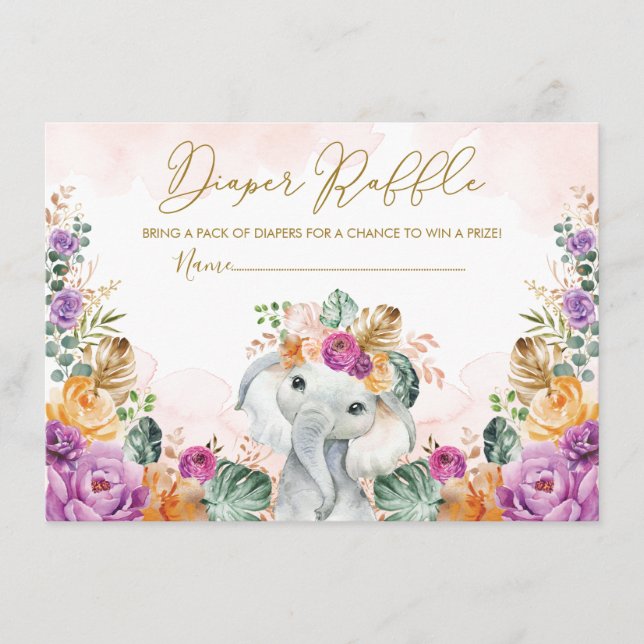 Boho Tropical Autumn Elephant Baby Diaper Raffle Enclosure Card (Front)