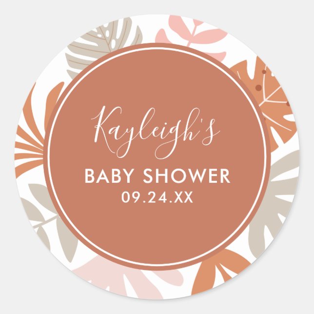Boho Tropical Baby Shower Name Classic Round Stick Sticker (Front)