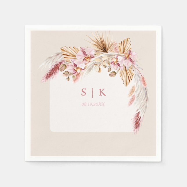 Boho Tropical Beach Floral Monogram Wedding Napkins (Front)