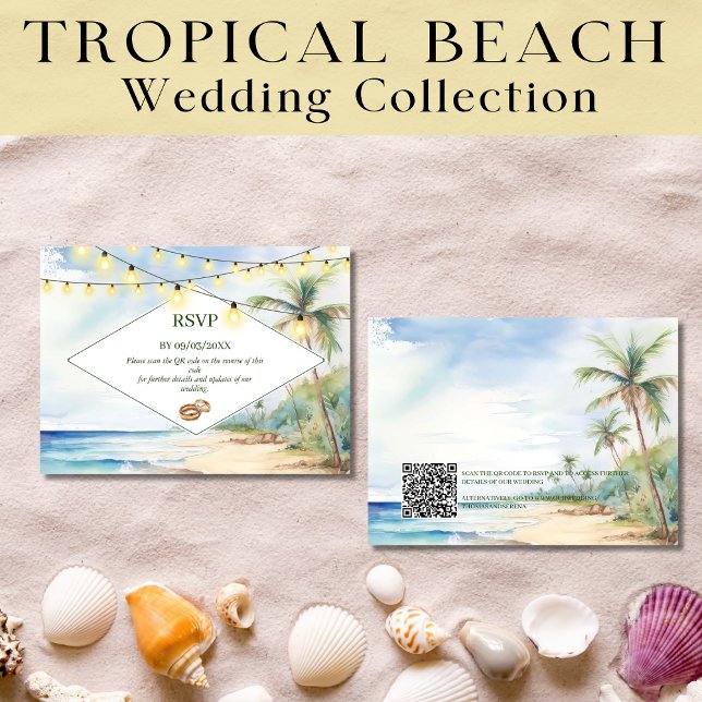 Boho Tropical Beach QR Code RSVP Wedding  Note Card (Creator Uploaded)