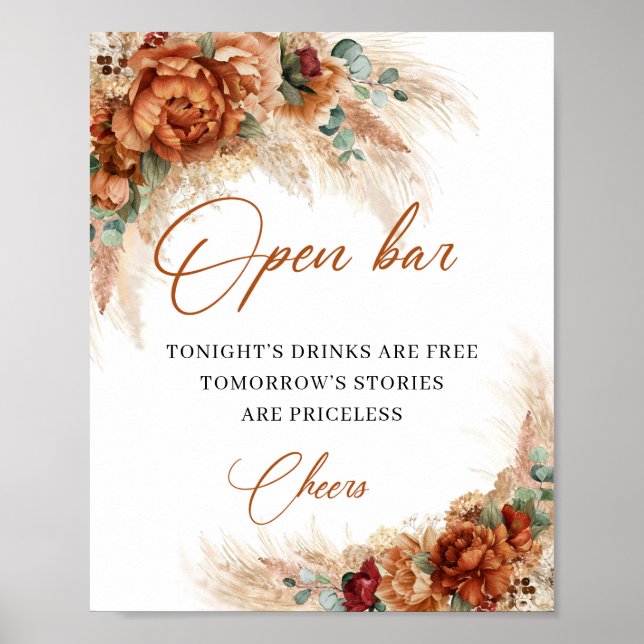 Boho tropical beach terracotta pampas open bar poster (Front)
