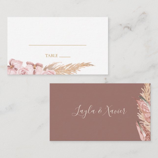 Boho Tropical Botanical Dust Rose Flat Wedding Place Card (Front/Back)