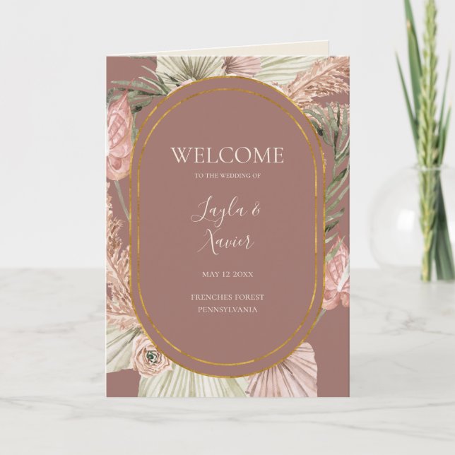 Boho Tropical Botanical Dusty Rose Folded Wedding Program (Front)