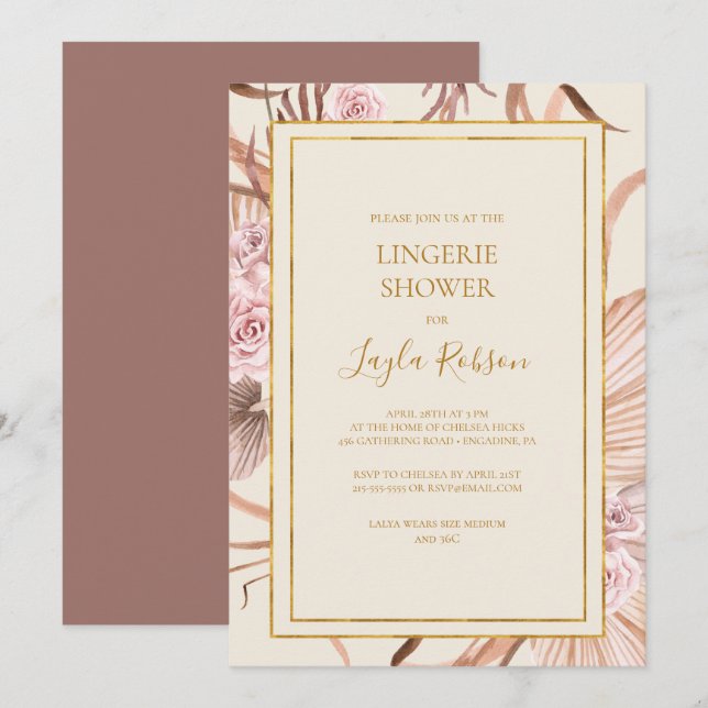 Boho Tropical Botanical Dusty Rose Lingerie Shower Invitation (Front/Back)