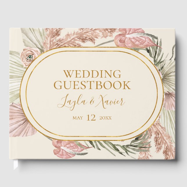 Boho Tropical Botanical | Dusty Rose Wedding Guest Guest Book (Front)
