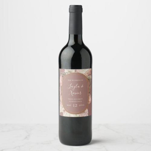 Boho Tropical Botanical  Dusty Rose Wedding Wine Label