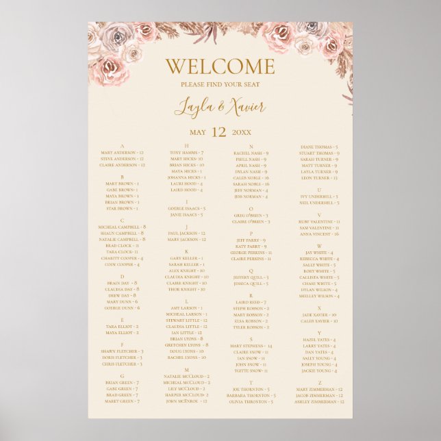 Boho Tropical Botanical Ivory Alphabetical Seating Poster (Front)