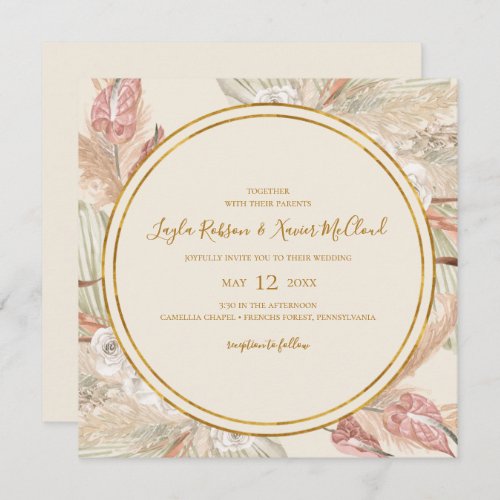 Boho Tropical Botanical  Ivory Square Wedding Invitation