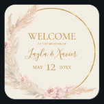 Boho Tropical Botanical | Ivory Wedding Welcome Square Sticker<br><div class="desc">This boho tropical botanical | ivory wedding welcome square sticker is perfect for your elegant rustic floral, green, peach, rose gold wedding. Design features a gold frame or bouquet with modern blush pink pampas grass, simple sage, ivory, champagne palm leaf, and classic beach greenery. The flowers may include pink rose...</div>