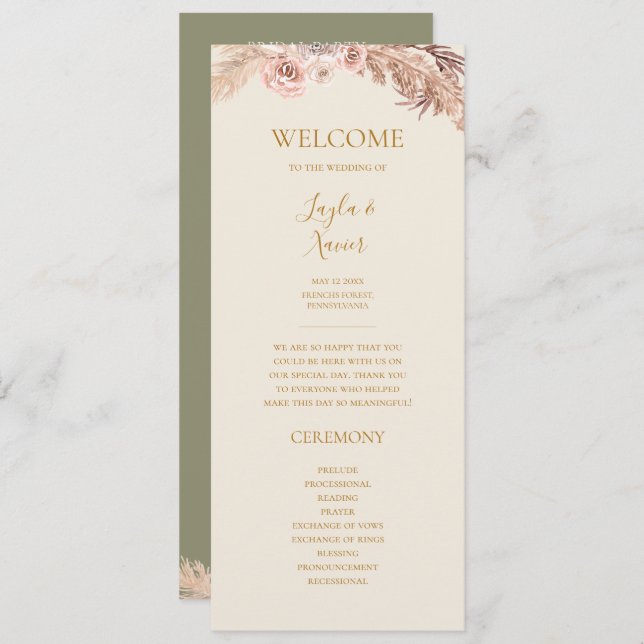 Boho Tropical Botanical | Olive Green Flat Wedding Program (Front/Back)