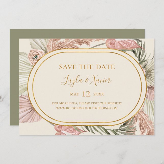 Boho Tropical Botanical | Olive Green Horizontal Save The Date (Front/Back)
