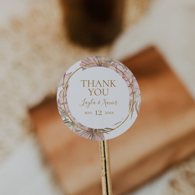 Boho Tropical Botanical | Thank You Wedding Favor Classic Round Sticker (Creator Uploaded)