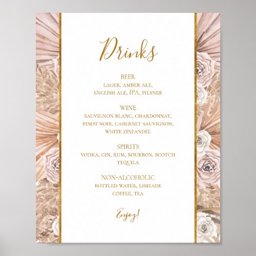 Boho Tropical Botanical  Wedding Drinks Menu Sign