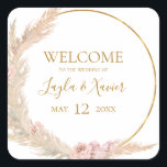 Boho Tropical Botanical | Wedding Welcome Square Sticker<br><div class="desc">This boho tropical botanical | wedding welcome square sticker is perfect for your elegant rustic floral, green, peach, rose gold wedding. Design features a gold frame or bouquet with modern blush pink pampas grass, simple sage, ivory, champagne palm leaf, and classic beach greenery. The flowers may include pink rose and...</div>