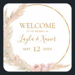Boho Tropical Botanical | Wedding Welcome Square Sticker<br><div class="desc">This boho tropical botanical | wedding welcome square sticker is perfect for your elegant rustic floral, green, peach, rose gold wedding. Design features a gold frame or bouquet with modern blush pink pampas grass, simple sage, ivory, champagne palm leaf, and classic beach greenery. The flowers may include pink rose and...</div>