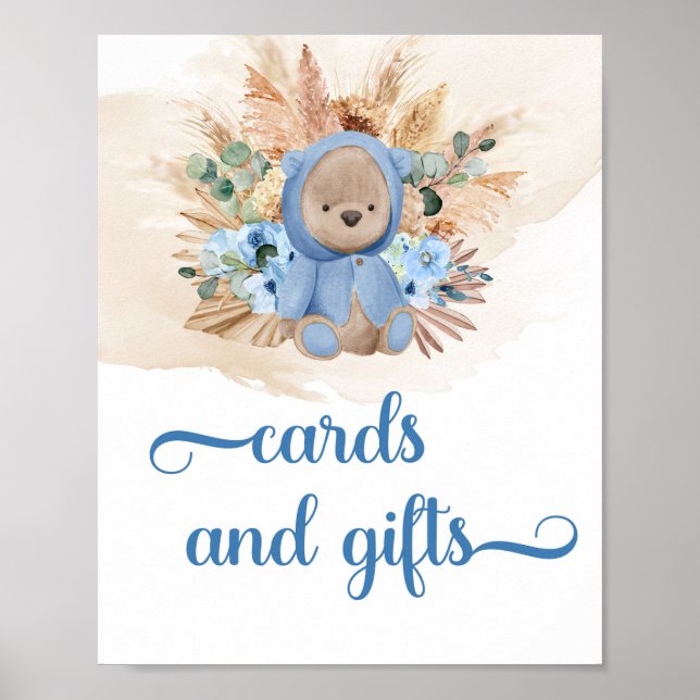 Boho tropical boy teddy bear cards and gifts sign (Front)