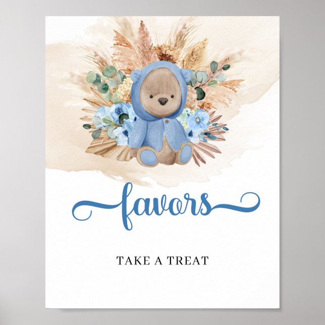 Boho tropical boy teddy bear pampas grass favors poster (Front)