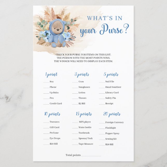 Boho tropical boy teddy bear What is in Your Purse (Front)