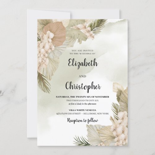 Boho Tropical Dried Palm Leaves White Rose Orchid  Invitation