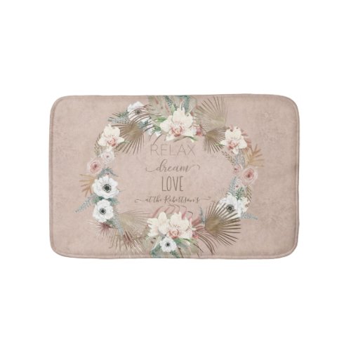 Boho Tropical Dusty Pink White Orchid Floral Name Bath Mat