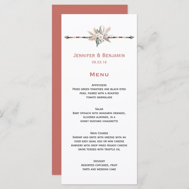 Boho Tropical Feathers Arrow Pampas Grass Wedding Menu (Front/Back)
