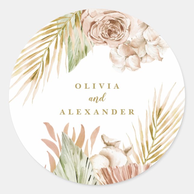 Boho Tropical Floral and Palm Wedding Classic Round Sticker (Front)
