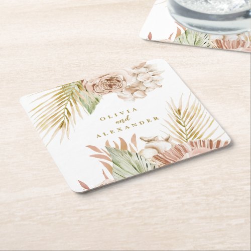Boho Tropical Floral and Palm wedding Square Paper Coaster