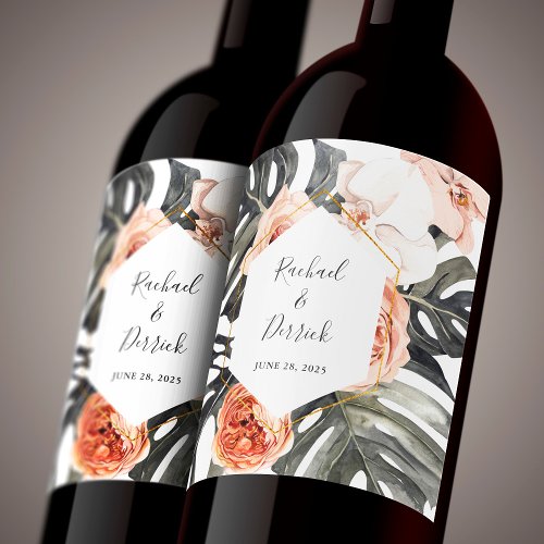 Boho Tropical Floral Beach Wedding Wine Label