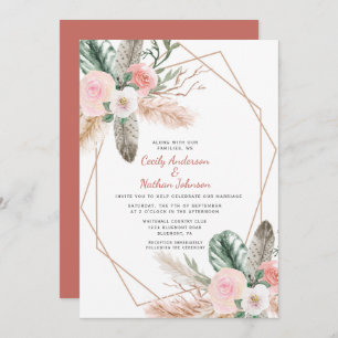 Boho Tropical Floral Feathers Pampas Grass Invitation