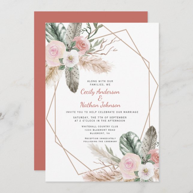 Boho Tropical Floral Feathers Pampas Grass Invitation (Front/Back)