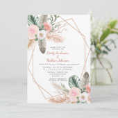 Boho Tropical Floral Feathers Pampas Grass Invitation (Standing Front)