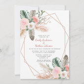 Boho Tropical Floral Feathers Pampas Grass Invitation (Front)