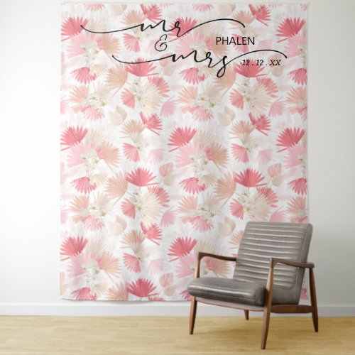 Boho Tropical Floral Mr and Mrs Wedding Photo Tapestry