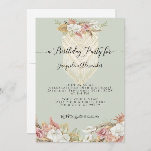 Boho Tropical Floral Pampas Grass Birthday Party Invitation