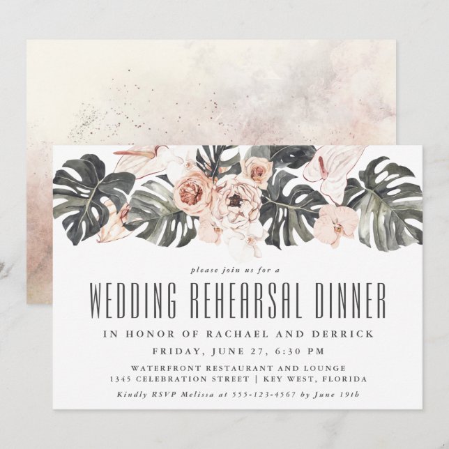Boho Tropical Floral Wedding Rehearsal Dinner Invitation (Front/Back)