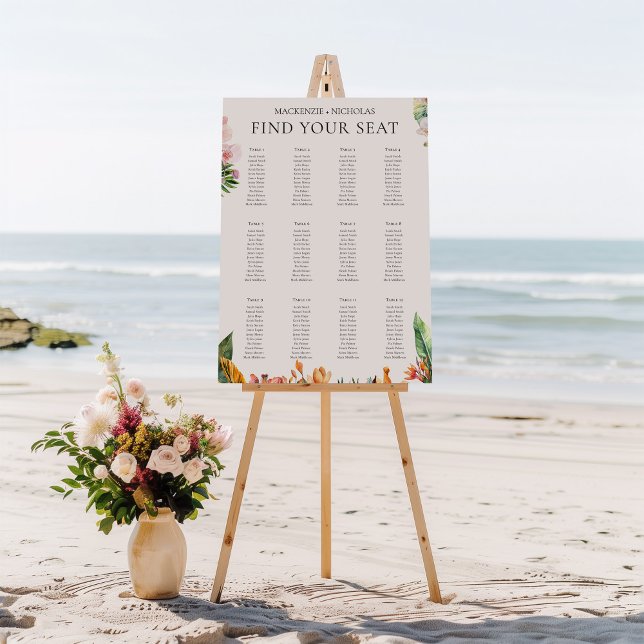 Boho Tropical Floral Wedding Seating Chart Foam Board (tropical wedding seating chart sign white)