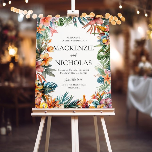 Boho Tropical Floral Wedding Welcome Sign (tropical wedding sign white)
