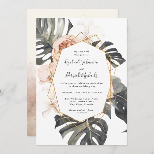 Boho Tropical Floral with Geometric Frame Wedding Invitation