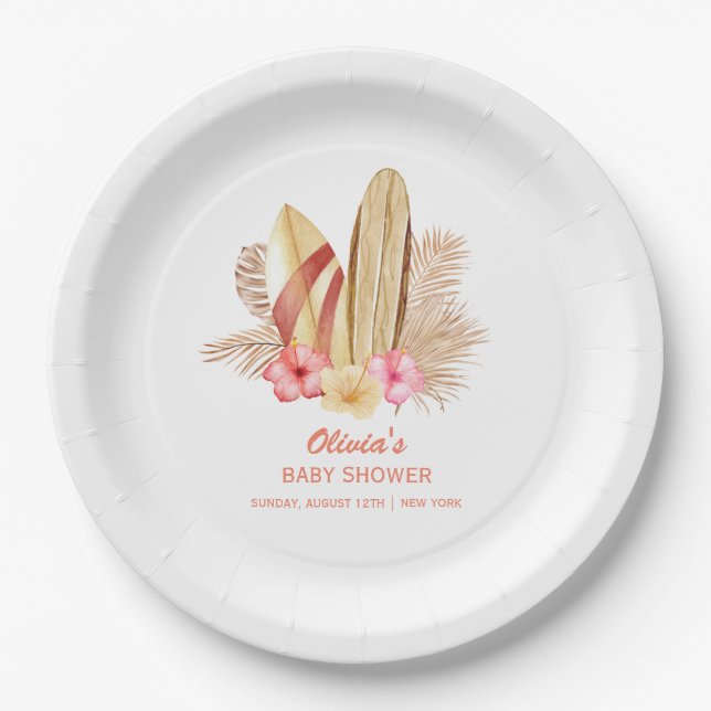 Boho Tropical Flower SurfIng Baby Shower Paper Plates (Front)