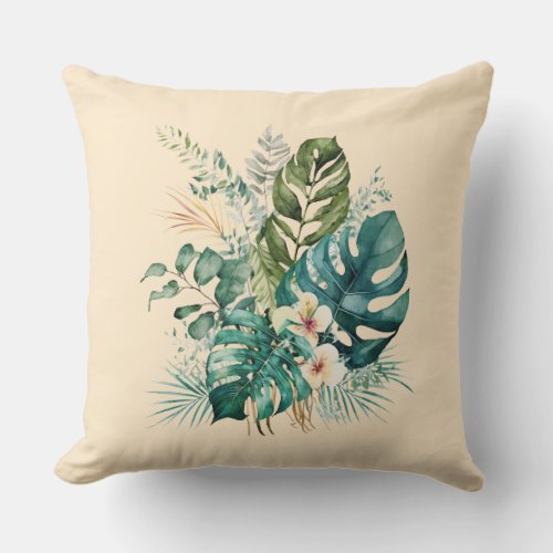 Boho Tropical Flowers and Leaves Summer Throw Pillow