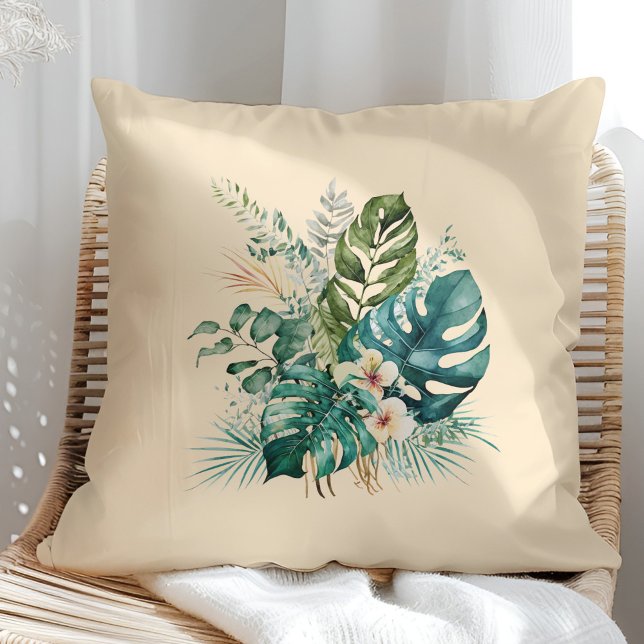 Boho Tropical Flowers and Leaves Summer Throw Pillow (Boho Tropical Flowers and Leaves Summer Throw Pillow in a sunny rattan armchair.)