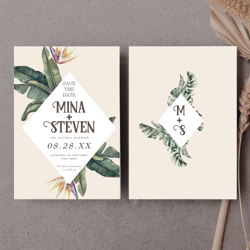 Boho tropical geometric banana leaves wedding  save the date