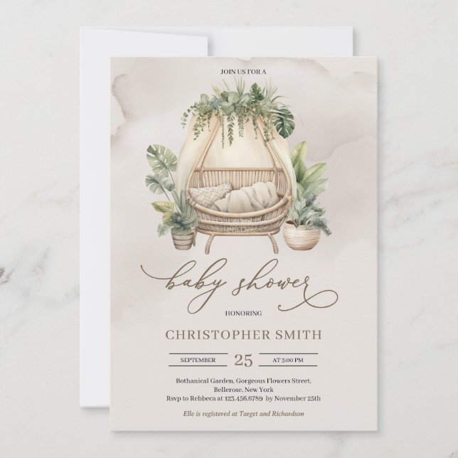 Boho tropical greenery and beige baby crib invitation (Front)
